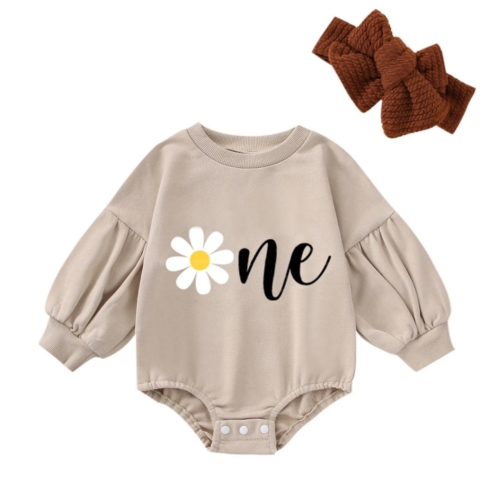 NWT Beige Floral Kids "One" Piece with Brown Bow